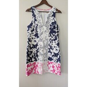 Eliza J Floral Shift Dress Cottagecore Lace Trim Navy White Pink Size 6